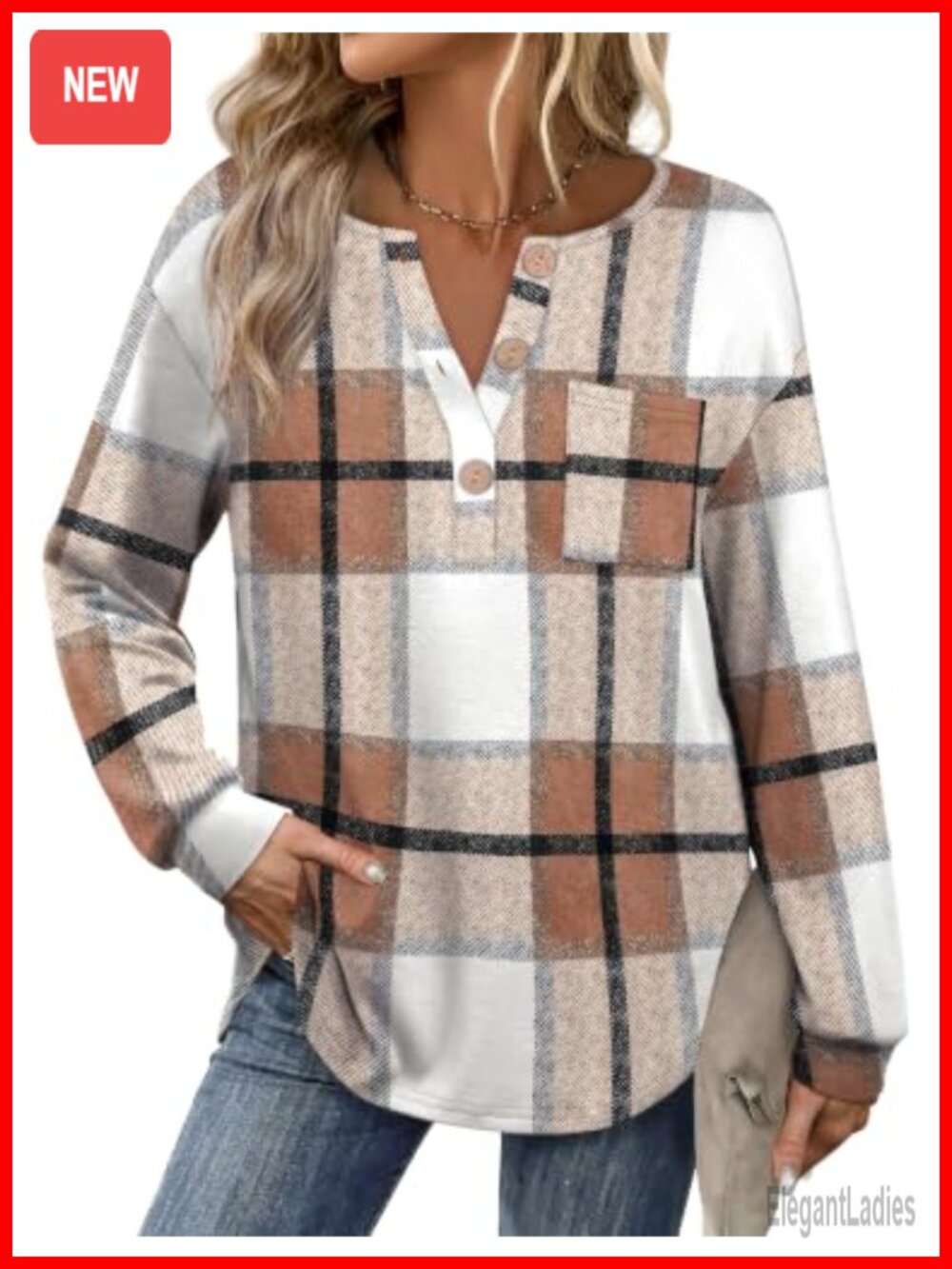 Women's Henley Tunic Top Long Sleeve Curved Hem Button V Neck with Pocket